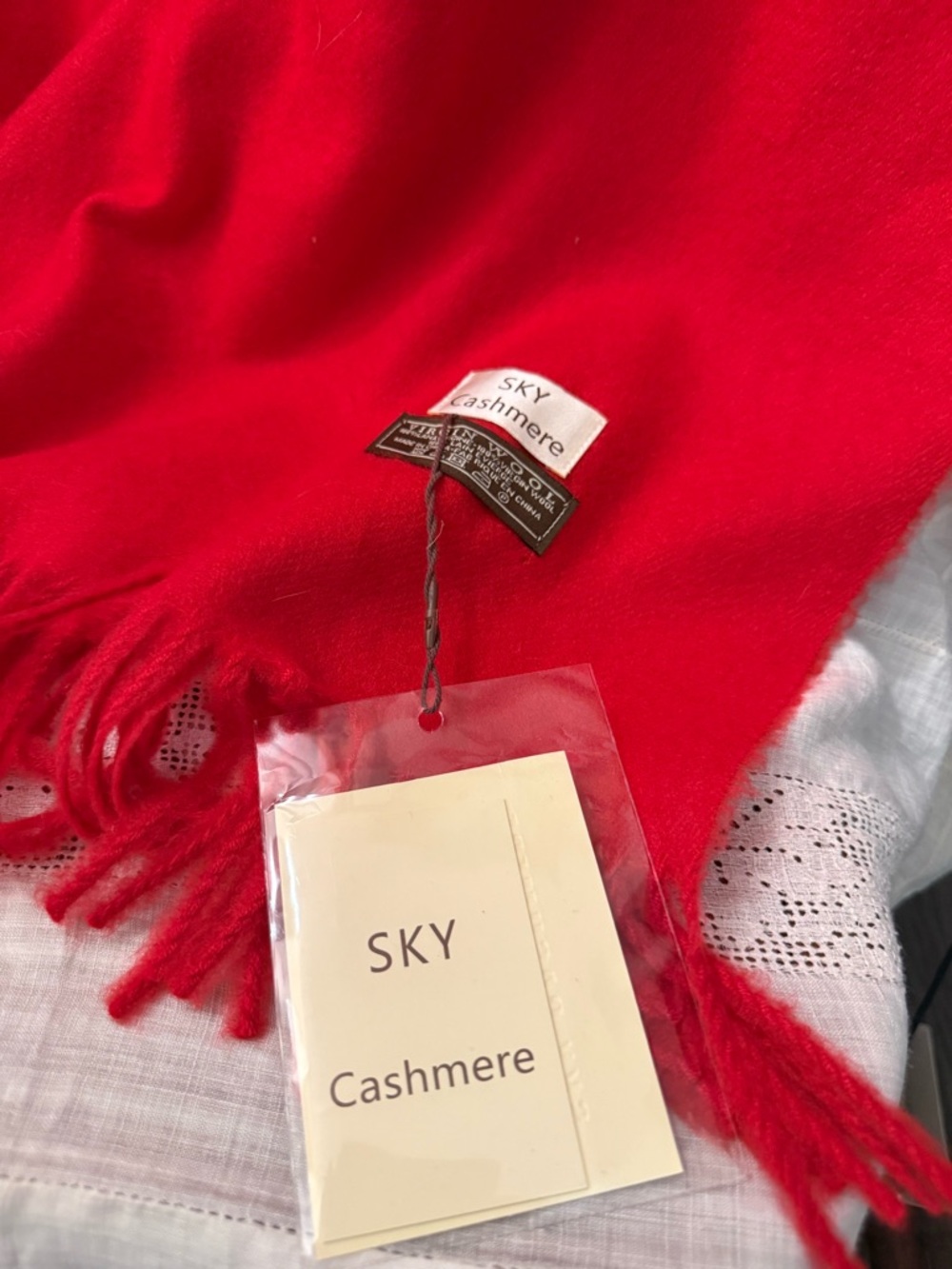 Sky Cashmere Red Scarf with Fringe